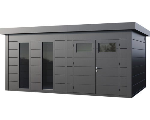 Abri de jardin moderne avec toit plat, fenêtres et porte