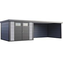 Gartenhaus Classico 3030 inkl. Lounge 4530 rechts mit Seitendach, Rück- und Seitenwand 782 x 318 cm lichtgrau