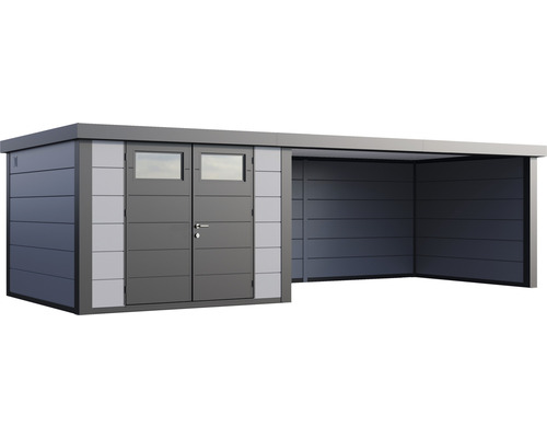 Metall Gerätehaus mit Doppeltür und integriertem Unterstand