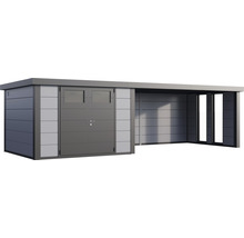 Gartenhaus Classico 3030 inkl. Lounge 4530 rechts mit Seitendach, Rück- und Seitenwand inkl. Fenster 782 x 318 cm lichtgrau