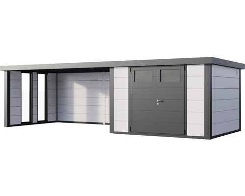 Abri de jardin avec annexe pour ranger les outils de jardin et comme abri