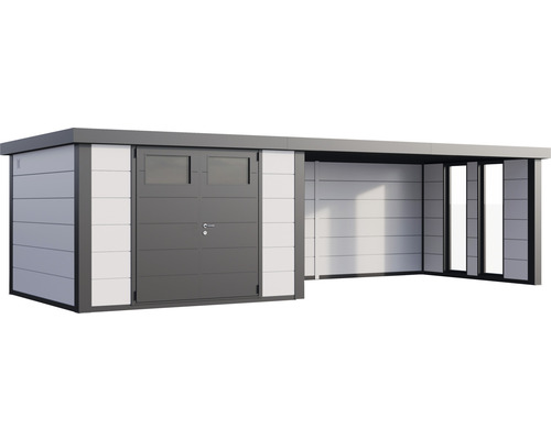 Modernes Gerätehaus mit Tür und überdachtem Bereich für den Garten