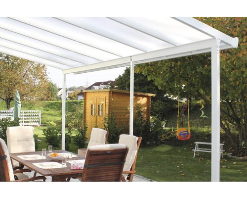 Toiture pour terrasse gutta construction modulaire plaques alvéolaires transparent 426 x 306 cm blanc