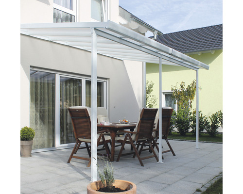 Toiture pour terrasse gutta construction modulaire plaques alvéolaires transparent 546 x 306 cm blanc