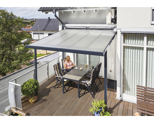 Toiture pour terrasse gutta construction modulaire plaques alvéolaires transparent 306 x 306 cm anthracite