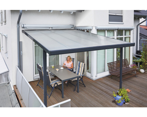 Toiture pour terrasse gutta construction modulaire plaques alvéolaires transparent 306 x 406 cm anthracite