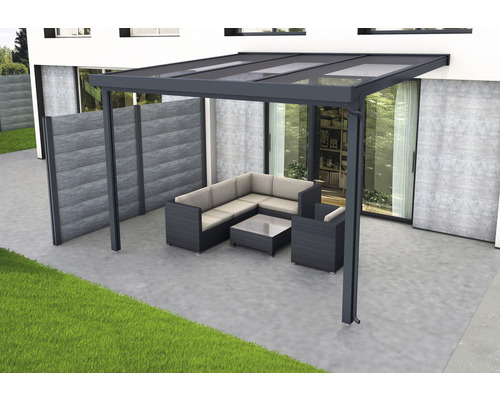 Toiture pour terrasse gutta Premium polycarbonate blanc rayé 309 x 306 cm anthracite