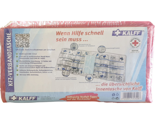 Trousse de premiers secours pour véhicule automobile selon la norme DIN 13164 Trousse de secours automobile selon la norme DIN 13164 avec masques de protection bouche-nez selon la norme DIN EN 14683, comprenant un guide de premiers secours, Logo Kalff, Logo Croix-Rouge allemande