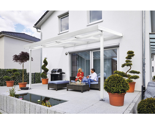 Toiture pour terrasse gutta Premium polycarbonate transparent 410,2 x 306 cm blanc