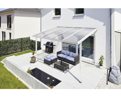Toiture pour terrasse gutta Premium acrylique transparent 410,2 x 306 cm blanc Terrasse avec auvent, salon de jardin et barbecue