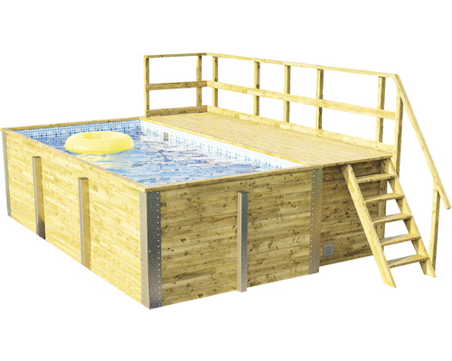 Ensemble de piscine hors sol en bois Weka 595 rectangulaire 490x315x201 cm avec intissé de protection du sol, système de filtration, sable de filtration, revêtement intérieur bleu/blanc