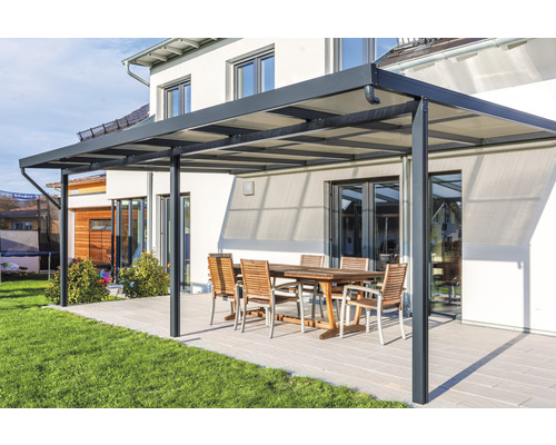 Toiture pour terrasse gutta Premium acrylique bronze 611 x 306 cm anthracite Toit de terrasse avec coin salon dans le jardin