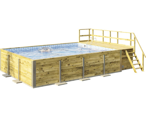 Ensemble de piscine hors sol en bois Weka 595 rectangulaire 650x490x201 cm avec skimmer, système de filtration, intissé de protection du sol, revêtement intérieur