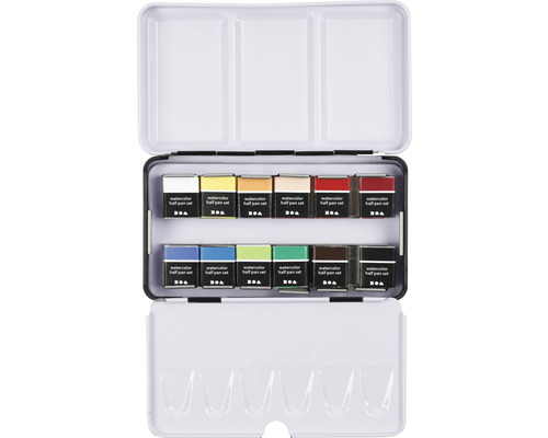 Boîte de couleurs aquarelle avec différentes nuances dans une boîte en métal