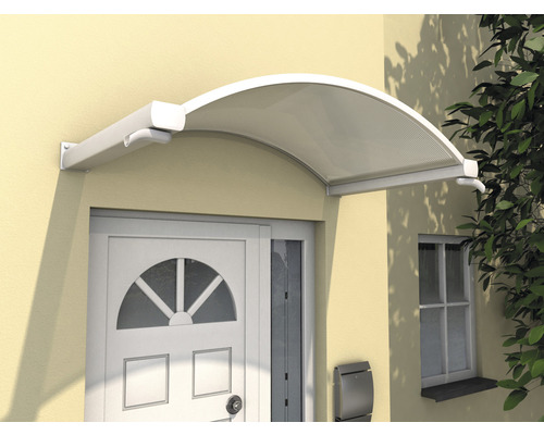 Auvent en arc Gutta NO 160x90 cm blanc avec couverture en polycarbonate clair Auvent en polycarbonate au-dessus d''une porte d''entrée