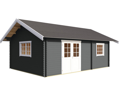 Blockbohlenhaus mit Fenstern und Doppeltür