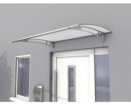 Haustürvordach aus Metall und Kunststoff montiert über einer Haustür.