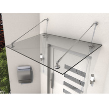 Glasvordach mit Edelstahlhalterung über einer Haustür montiert