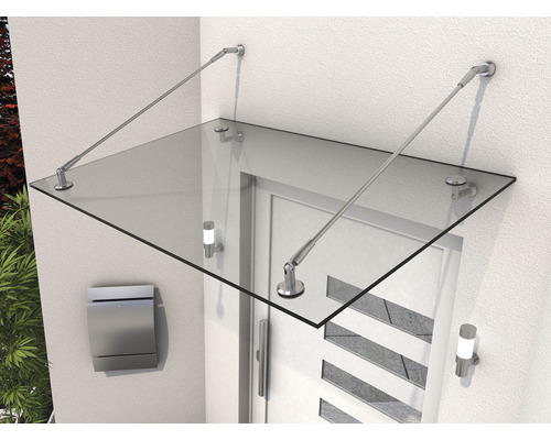 Glasvordach mit Edelstahlhalterung über einer Haustür montiert