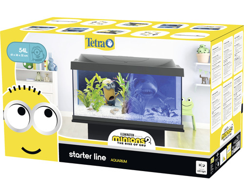 Aquarium Tetra Starter Line Minions 54 l avec éclairage LED, chauffage, nourriture, préparateur d'eau, film pour la paroi arrière 61 x 31 x 30,8 cm