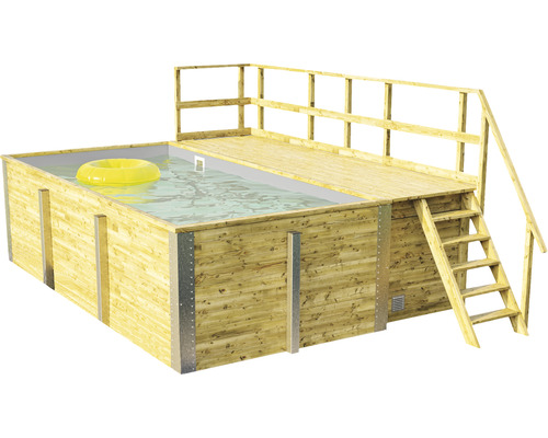 Ensemble de piscine hors sol en bois Weka 595 rectangulaire 490x315x201 cm avec skimmer, intissé de protection du sol, système de filtration, sable de filtration bleu