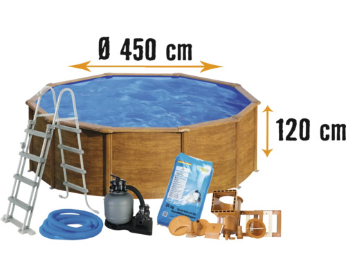 Aufstellpool Stahlwandpool-Set Planet Pool rund Ø 450x120 cm inkl. Sandfilteranlage, Einbauskimmer, Leiter, Filtersand & Anschlussschlauch Holzoptik