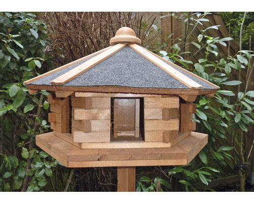Abri-mangeoire pour oiseaux promadino Fehmarn avec silo de nourriture, support à pied en croix 59 x 59 x 141 cm marron