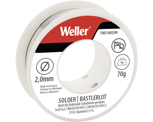 Fil à souder Weller T0051405399, 70g, Ø 2mm, sans plomb Sn100Ni+, EN ISO 9453, 9454 Bobine de soudure Weller, diamètre 2,0 mm, poids 70 g, contient du plomb