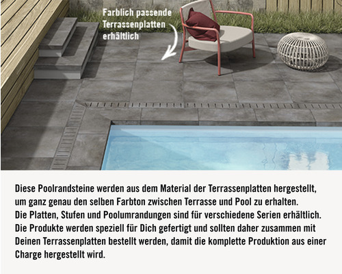 Terrasse mit Fliesen, Pool, Treppe und Sitzgelegenheit