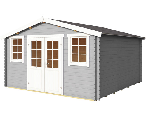 Abri de jardin gris avec fenêtres et porte double