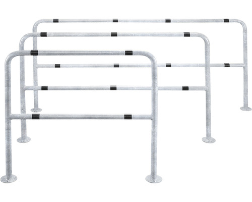 Schutzbügel SB V1 Stahl verzinkt 1000x1000 mm Mehrere graue Fahrradständer aus Stahl mit schwarzen Abdeckungen.