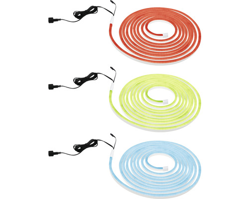 Drei LED-Lichtschläuche in verschiedenen Farben mit Netzkabel