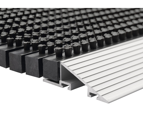 Detailaufnahme einer Fußmatte mit Bürstenprofil und Aluminiumrampe