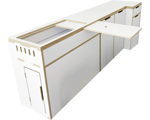 Bloc de cuisine blanc avec évier, porte et tiroirs