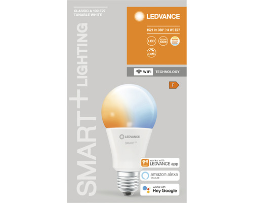Lampe LED Ledvance Smart Plus E27, blanc réglable, compatible avec Amazon Alexa et Google Assistant