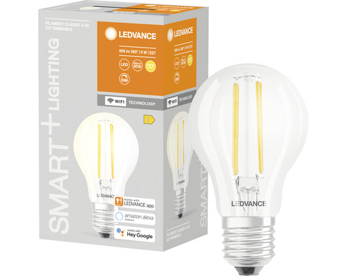 Ampoule LED Ledvance Smart WIFI à intensité lumineuse variable A60 E27/5,5W (60W) transparent 806 lm 2700 K blanc chaud