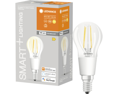 Ampoule sphérique LED Ledvance Smart WIFI à filament à intensité lumineuse variable P40 E14/4W(40W) transparent 470 lm 2700 K blanc chaud