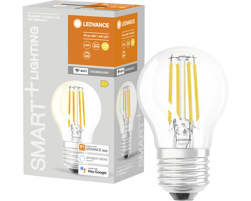 Ampoule sphérique LED Ledvance Smart WIFI à filament à intensité lumineuse variable P40 E27/4W(40W) transparent 470 lm 2700 K blanc chaud
