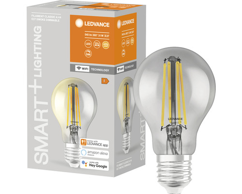 Ampoule LED Ledvance Smart WIFI à filament Classic à intensité lumineuse variable A60 E27/6W(44W) verre fumé 540 lm 2500 K blanc chaud