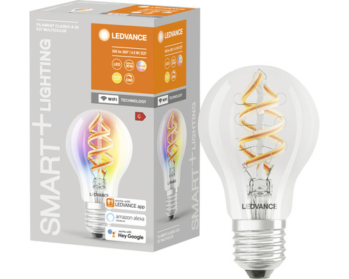 Ampoule LED Ledvance Smart+ Filament classique à intensité lumineuse variable A60 E27/4,5W(30W) transparente 300 lm 2700 K blanc chaud + RGBW Wi-Fi
