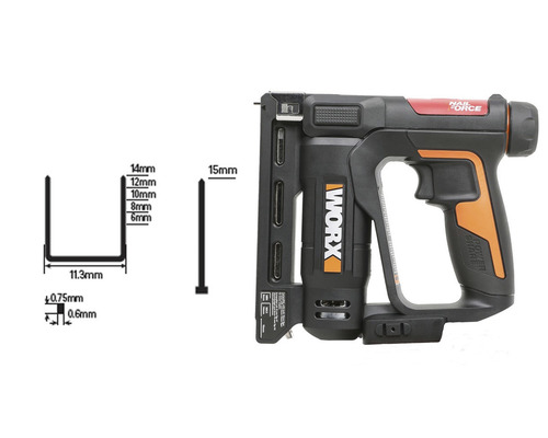 Cloueuse agrafeuse Worx avec dimensions des agrafes et des clous