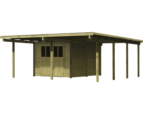 Holzgartenhaus mit Vordach zur Aufbewahrung von Gartengeräten und -möbeln.