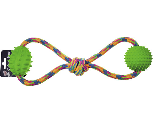 Jouet pour chien trait avec 2 balles 35 x 7 x 6 cm choix de couleurs aléatoire Jouet pour chien en forme de huit en corde avec deux balles à picots