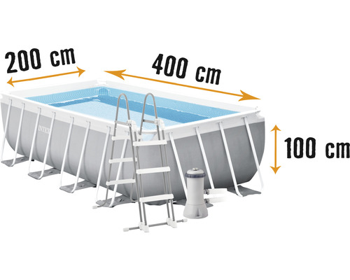 Ensemble de piscine tubulaire hors sol Intex Prism Quadra rectangulaire 400x200x100 cm avec épurateur à cartouche, échelle et tuyaux gris