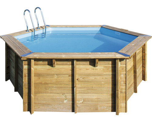 Ensemble de piscine hors sol en bois Gre ronde Ø 400x119 cm avec groupe de filtration à sable, skimmer, échelle, sable de filtration & intissé de protection du sol bois