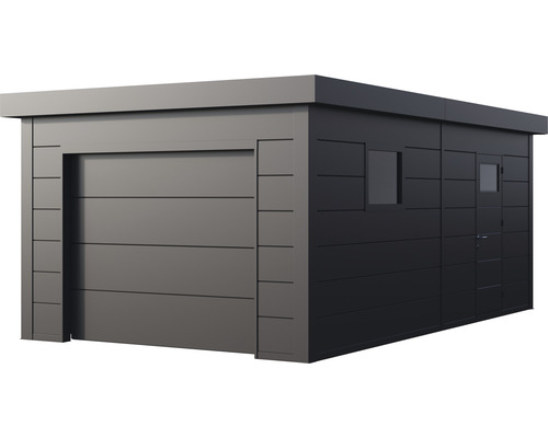 Garage moderne avec porte enroulable, porte et fenêtres