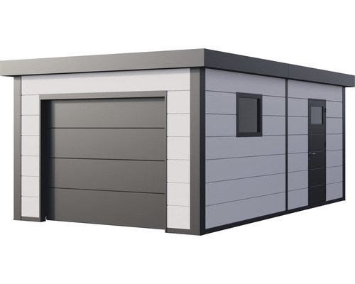 Garage moderne avec porte roulante, porte latérale et fenêtres