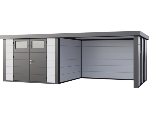 Abri de jardin moderne avec double porte et abri latéral