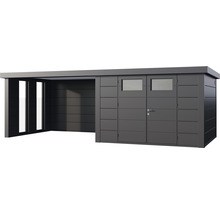 Gartenhaus Classico 3030 inkl. Lounge 3330 links mit Seitendach, Rück- und Seitenwand inkl. Fenster 662 x 318 cm granitgrau