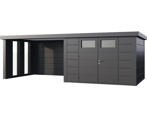 Modernes Gerätehaus mit Anbau für Gartengeräte und Fahrräder